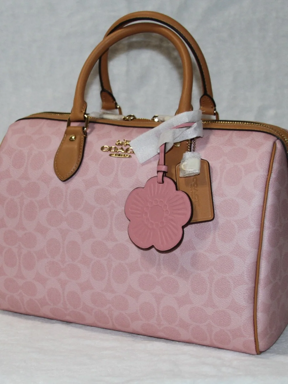 NWT COACH Large Rowan Powder pink Satchel Bag With Tea Rose Charms