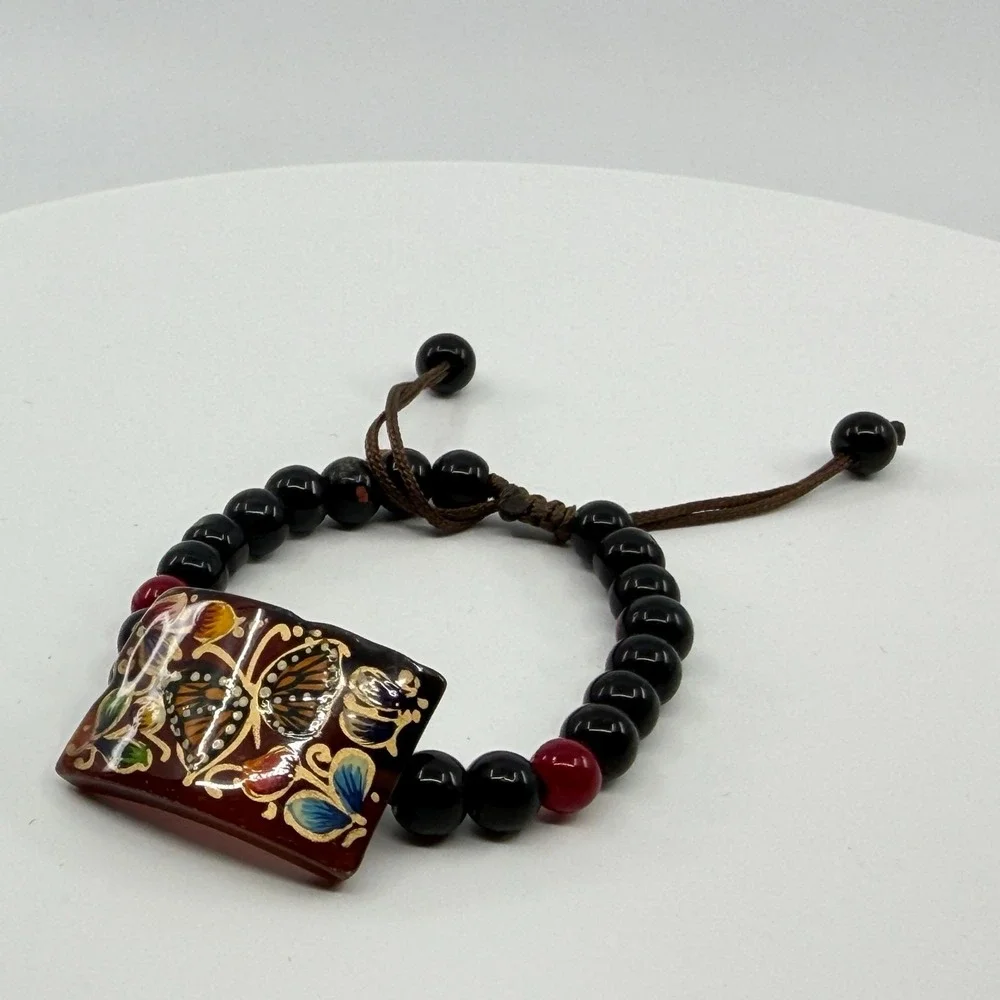 Hand Painted Butterfly Bracelet Black Red Beaded Adjustable Boho Artisan Gift