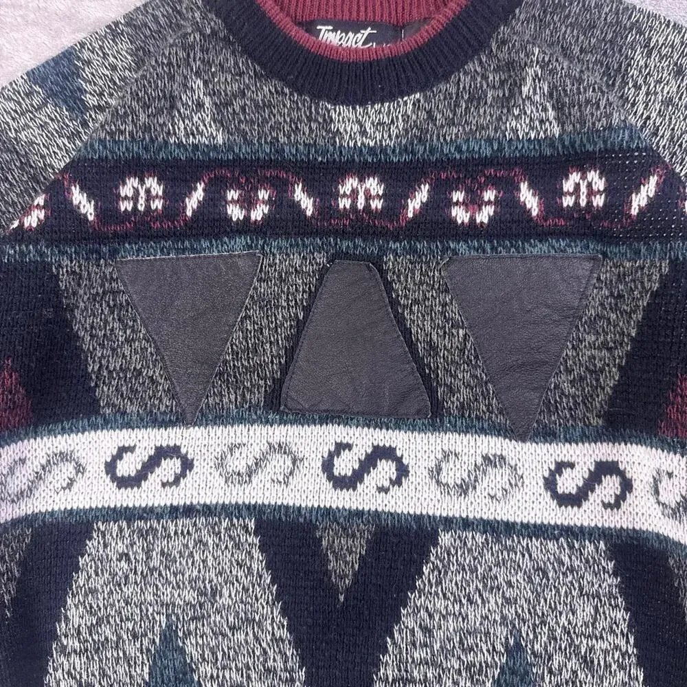 Vintage 90s Impact Sweater Men’s L Gray Burgundy Geometric Leather Patch Baggy