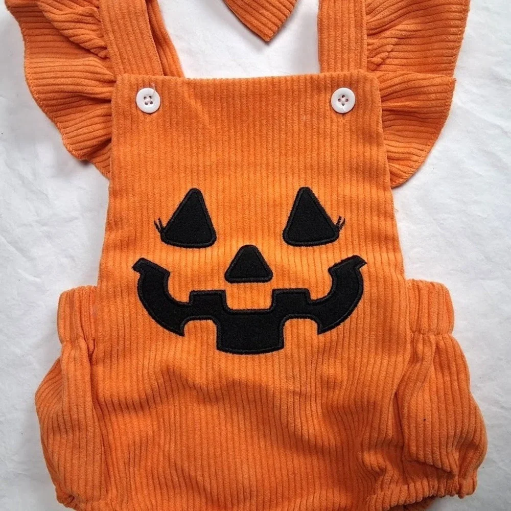 Baby‎ Girl Pumpkin Jack-O-Lantern 0 3 Mos Halloween Outfit With Bow Ribbed