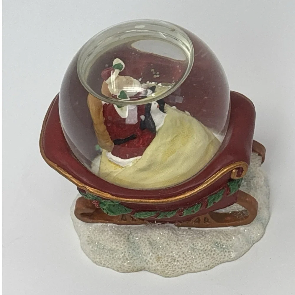 Russ Berrie Santa Penguin in Sleigh Mini Snow Globe Christmas Decor Hand Painted
