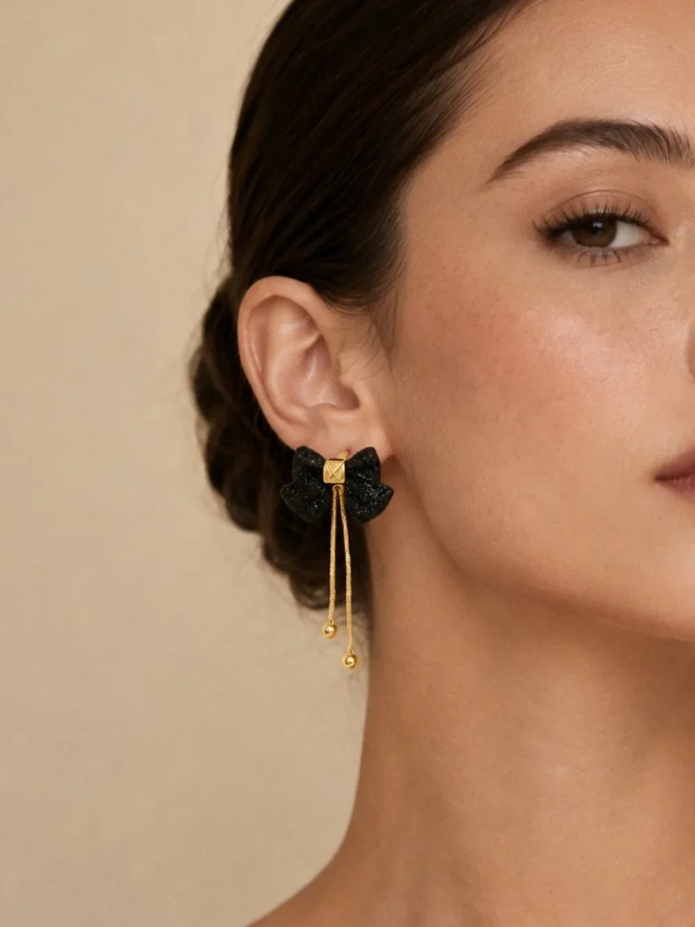 Black Glitter Bow Gold Chain Tassel Drop Earrings
