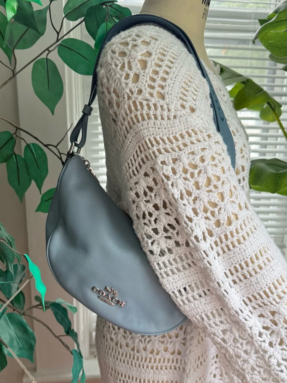 Coach Light Blue Leather Crescent Crossbody with Logo Strap
