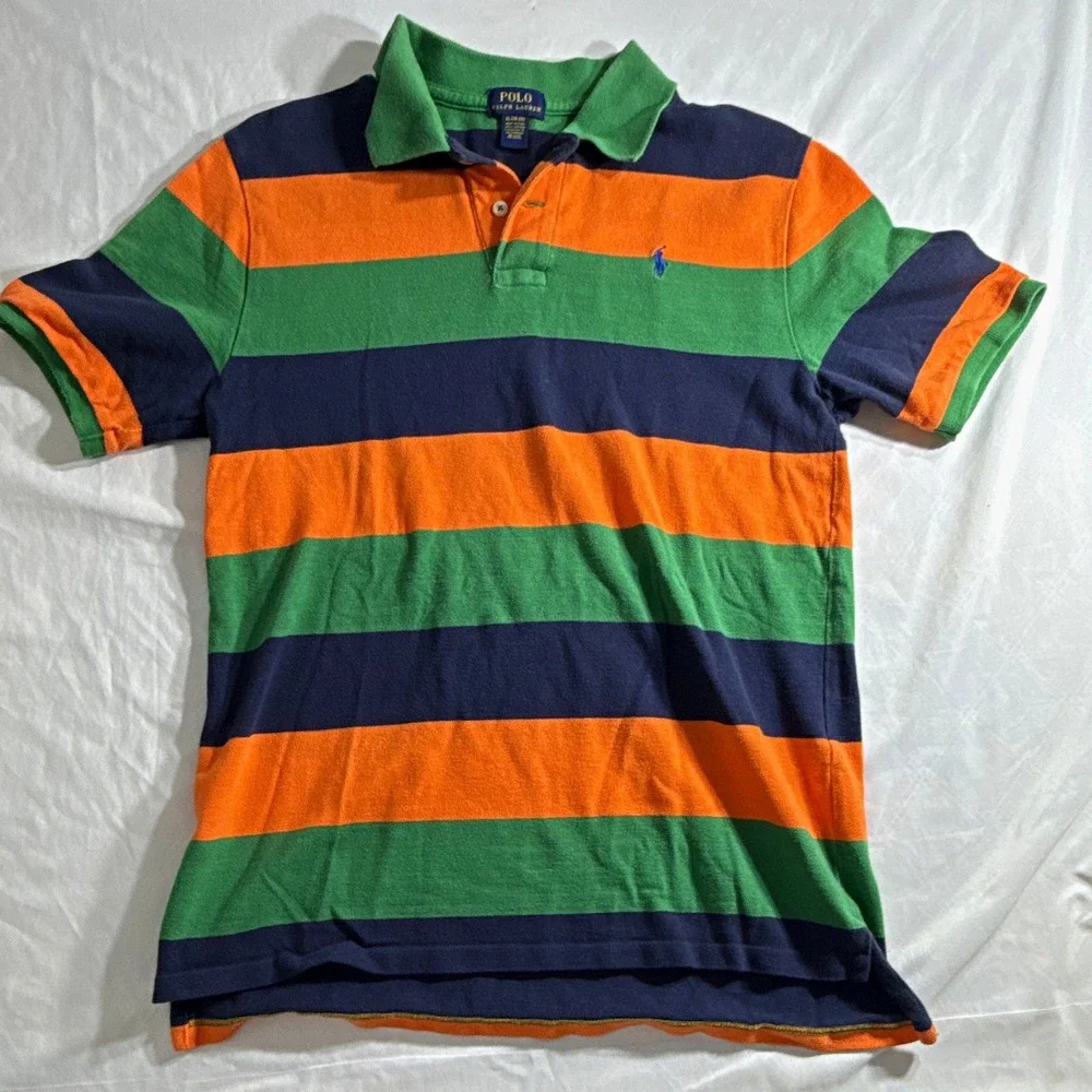 Polo Ralph Lauren Boys 18-20 Striped Short Sleeve Cotton Knit Polo Green Orange