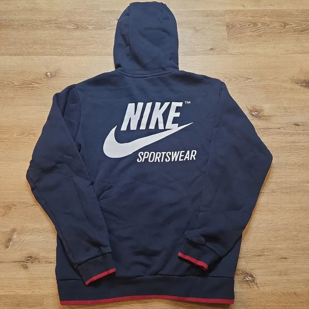 Nike Sportswear Mens M Navy Full Zip Fleece Hoodie Big Back Logo Red Trim