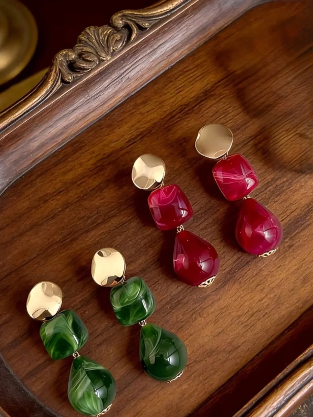 Hand Crafted Gold and Deep Red Drop Earrings