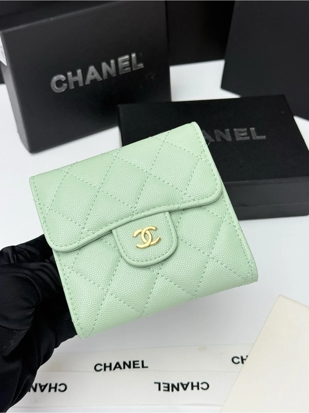 CHANEL Mint Quilted Caviar Leather Wallet with Gold CC