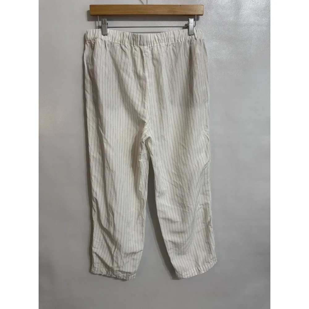 Babaton Large Linen Blend Pull On White Striped Pants Cropped Beach Coastal