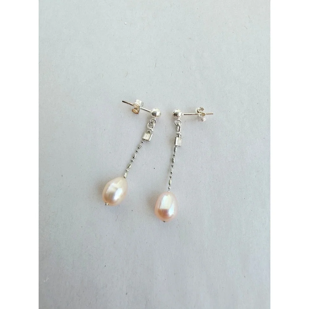 Handmade Sterling Silver 925 Genuine Pink Pearl Drop Dangle Earrings Artisan new