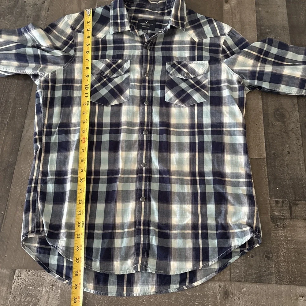 Men's American Eagle L Shirt Western Style Snap Front Cowboy Blue plaid cotton