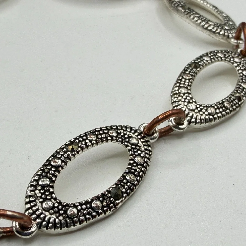 Silver & Copper Tone Marcasite Style Oval Link Bracelet Accent Boho Statement