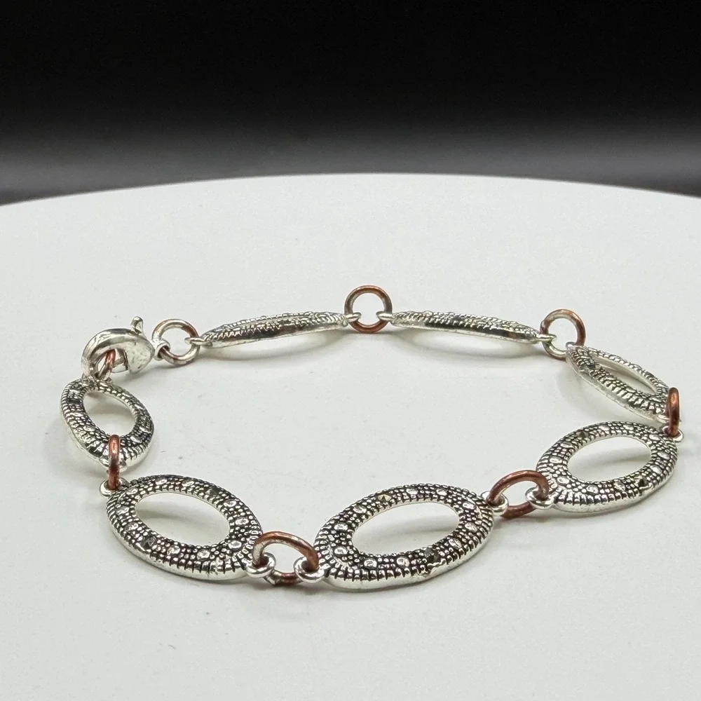 Silver & Copper Tone Marcasite Style Oval Link Bracelet Accent Boho Statement