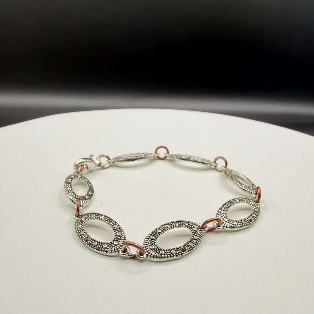 Silver & Copper Tone Marcasite Style Oval Link Bracelet Accent Boho Statement
