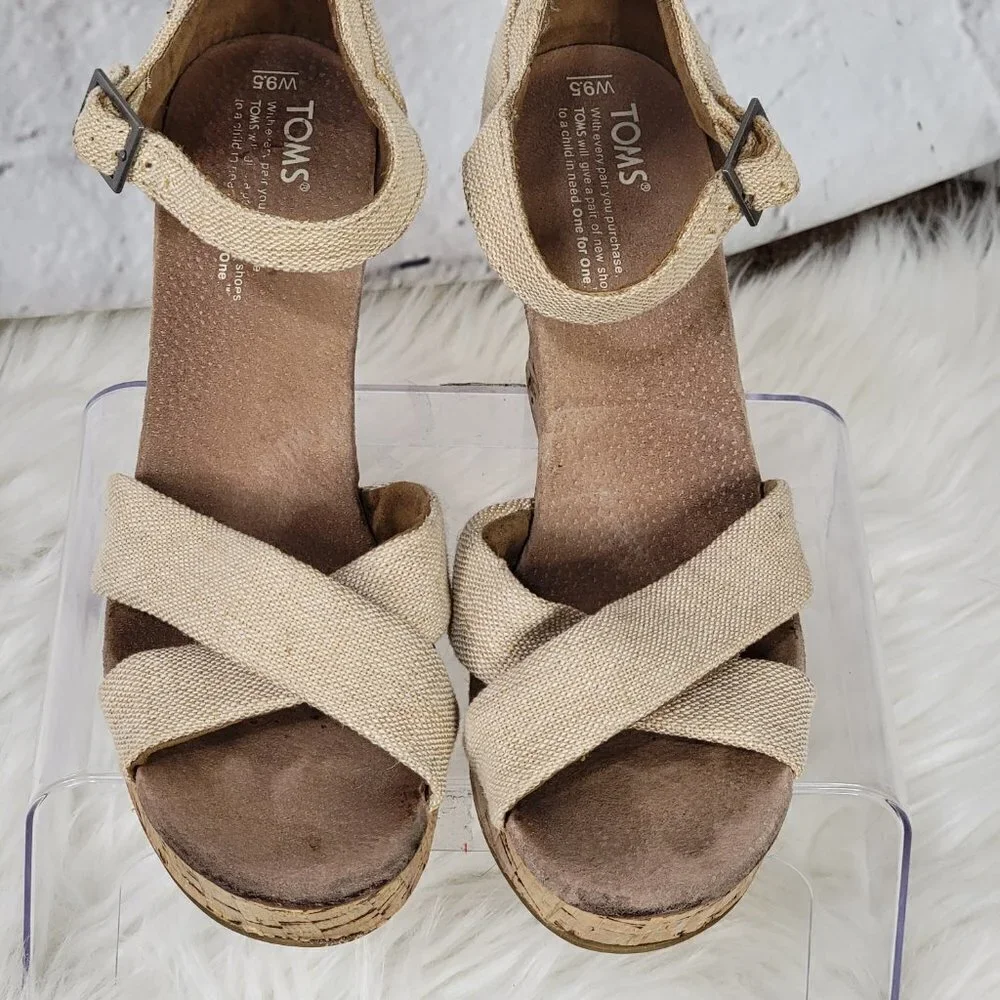Toms Sienna Womens‎ Cork Wedge Strappy Sandals Casual Tan Peep Toe Summer Shoe