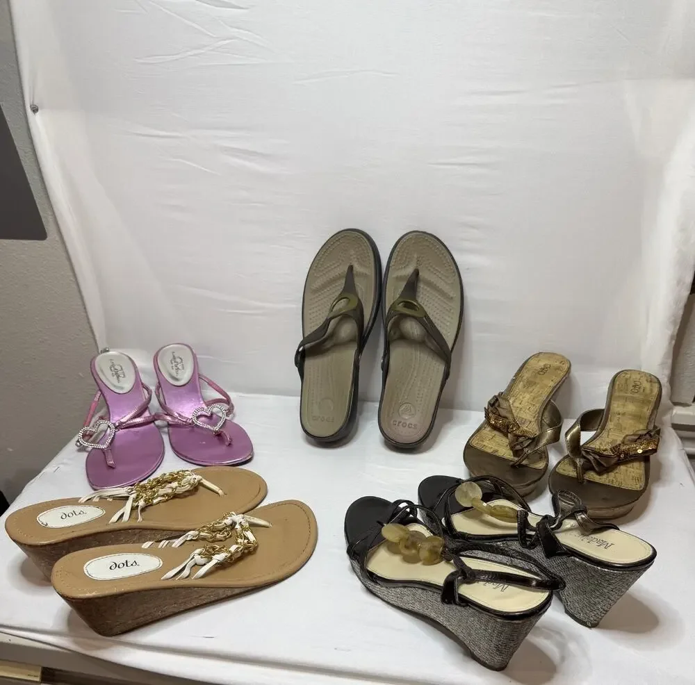 Lot of 5 Women's Sandals Size 8/9 Wedge Flip Flop Crocs Madeline Dots Pink Brown