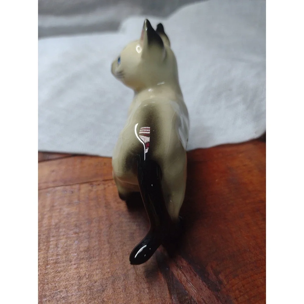 Vintage Siamese‎ Cat Kitten Figurine Blue Rhinestone Eyes Ceramic Standing