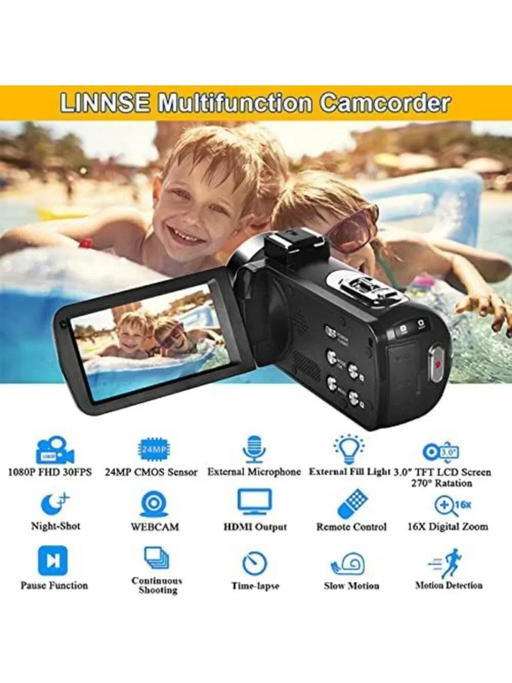 Full HD 1080P Video Camera Camcorder with Night Vision, 16X Zoom & Remote