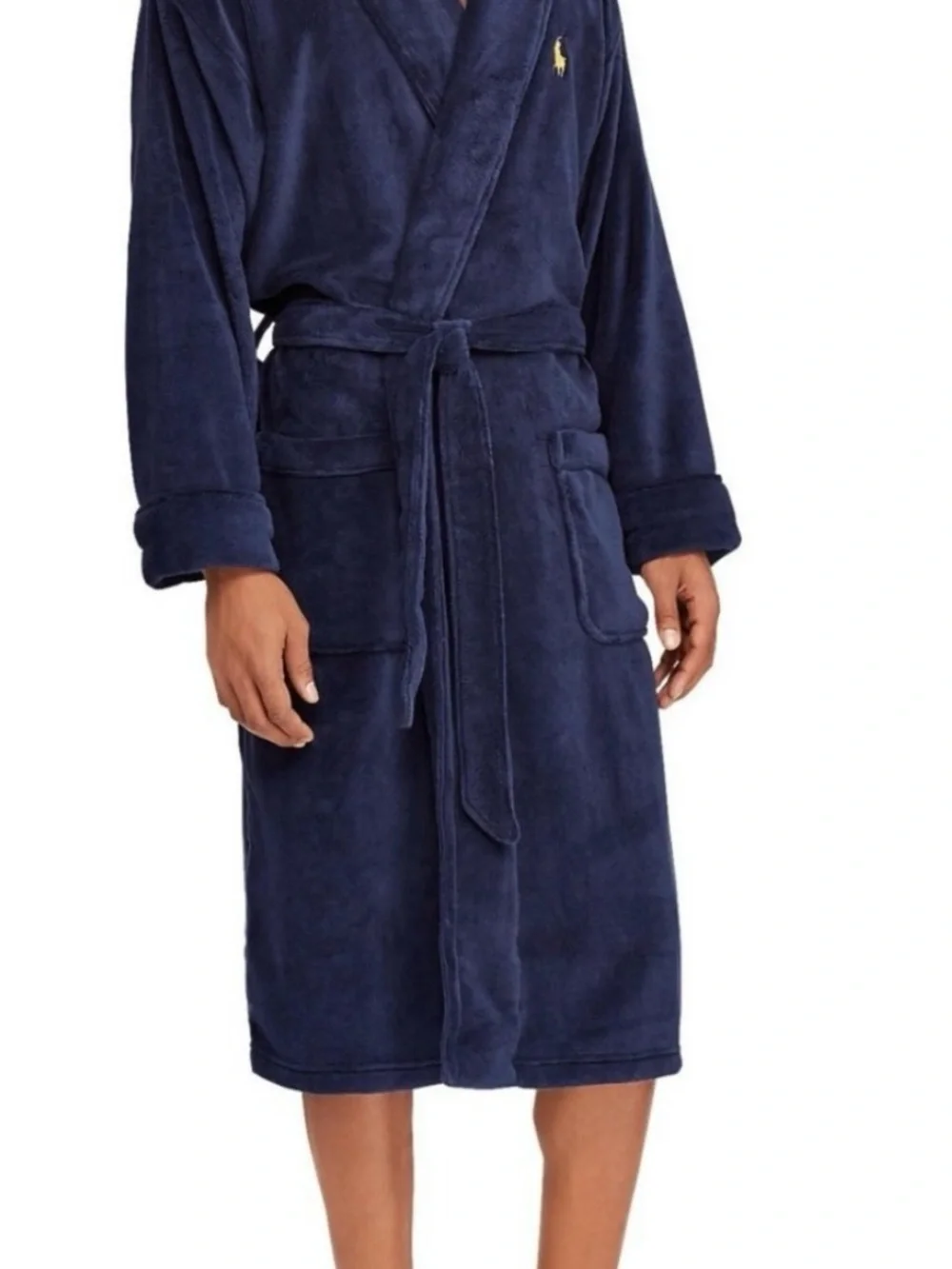 Polo by Ralph Lauren Navy Plush Shawl-Collar Robe with Gold Logo