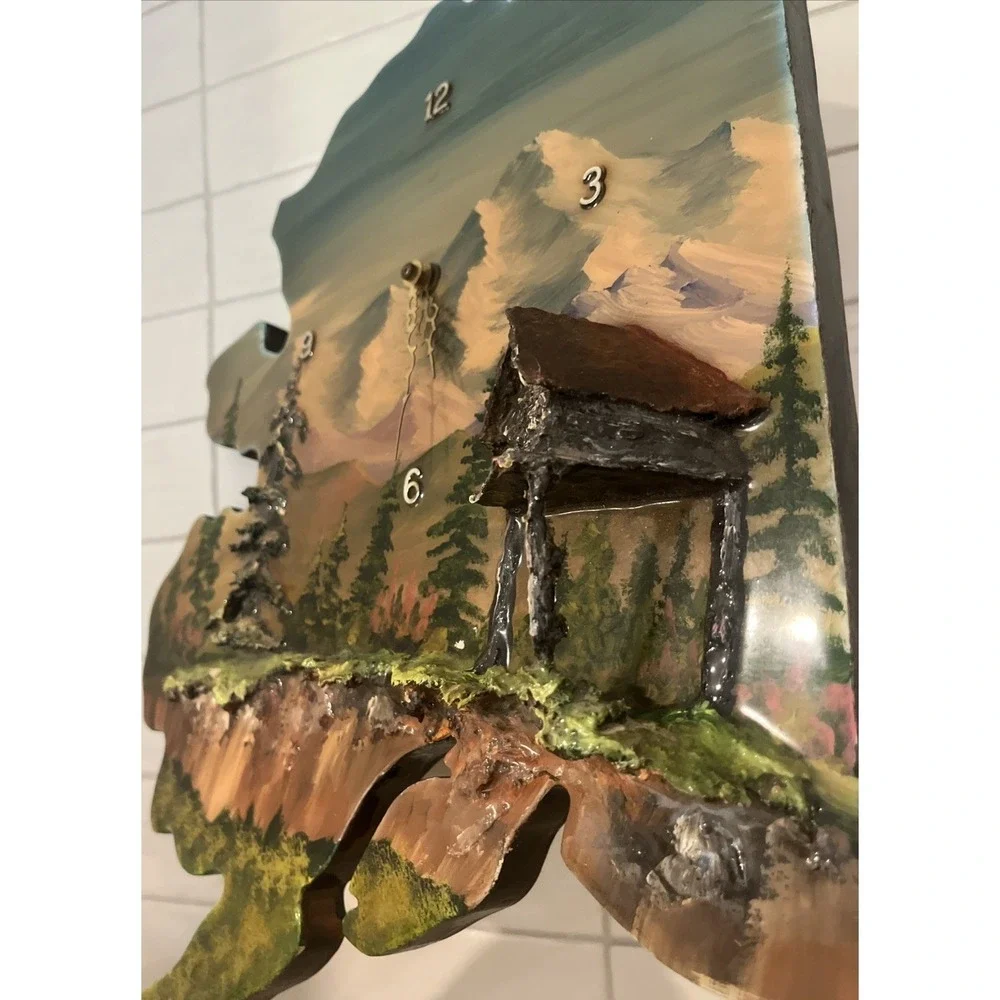 Vintage 1979 Alaska Shaped 3D Hand Painted‎ Signed Wood Clock Art Sculpture READ