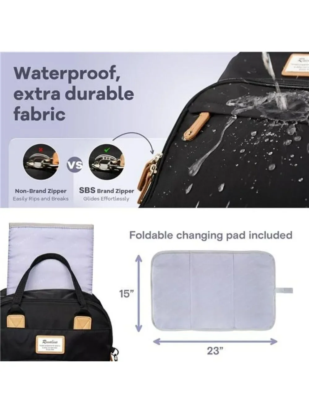 Large Diaper Bag Backpack Waterproof Travel Baby Bag with Changing Pad Black