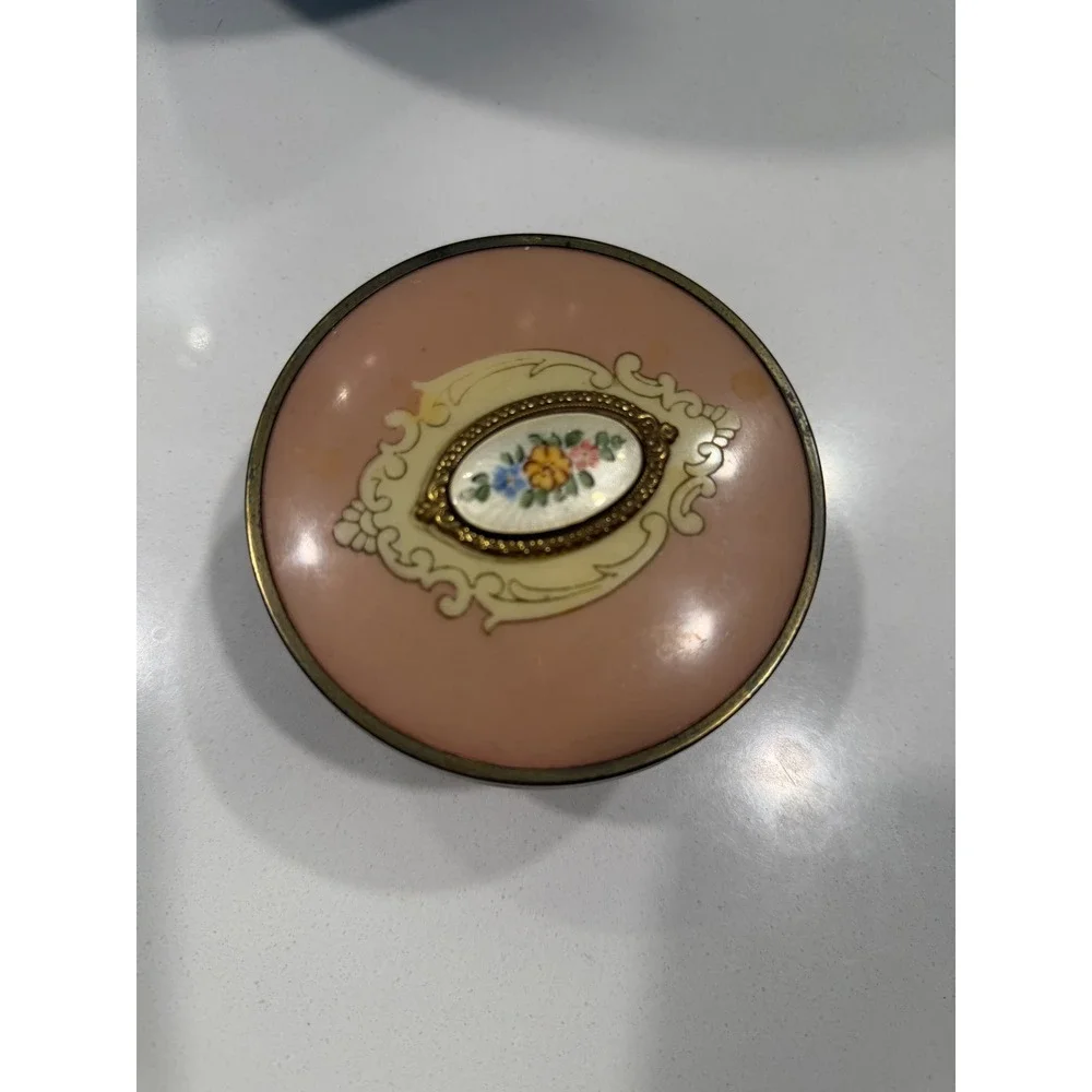Vintage Pink Enamel Floral Glass Trinket Dish Footed Jewelry Box Vanity Jar