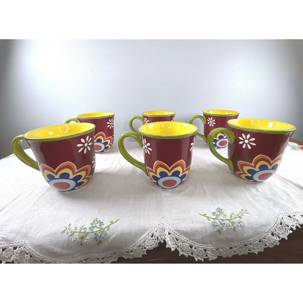 Pier 1 Mexicali Ironstone Mugs Set of 6 Burgundy Floral Boho Coffee Cups