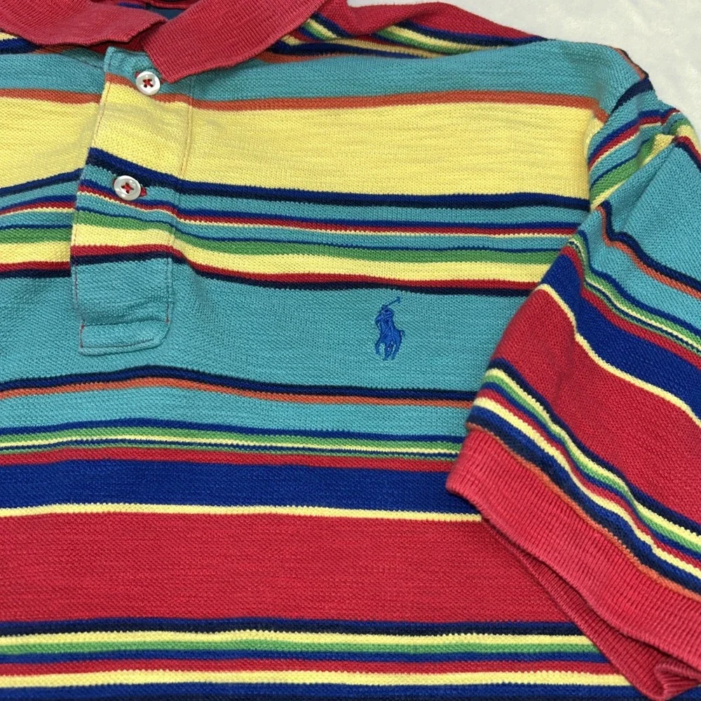VTG 90's POLO Ralph‎ Lauren Sz LargeColor Block Vibrant Knit Polo Shirt w/ Logo