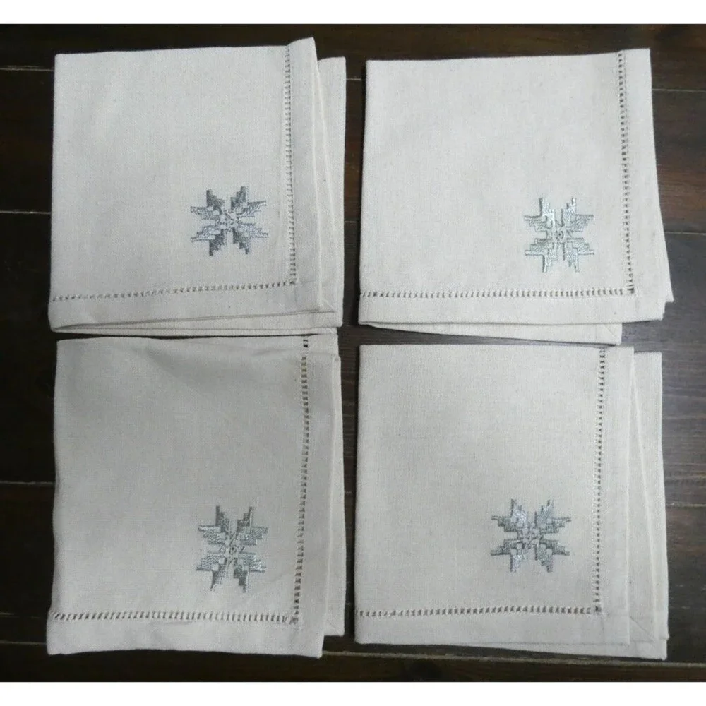 Unbranded Set of 4 Let It Snow Snowflake Embroidered Linen Napkins 14.5