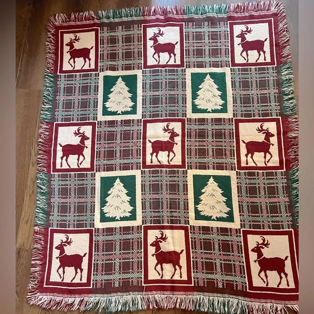 Vintage Woven Cotton Tapestry Fringed Christmas Throw Blanket trees reindeer