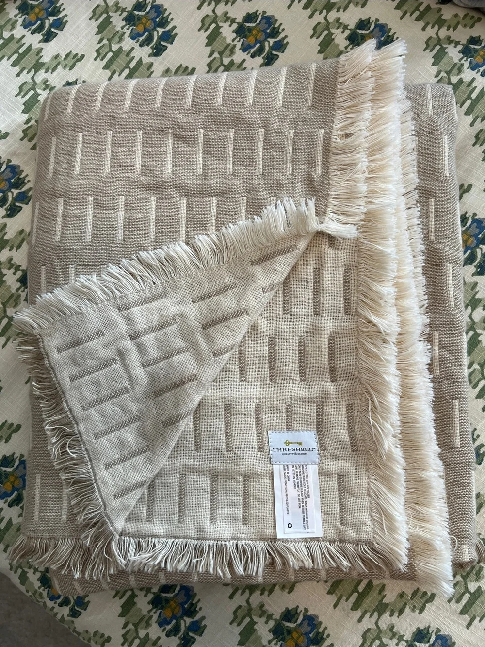Threshold Neutral Beige and Cream Fringe Throw Blanket
