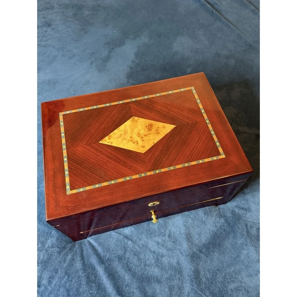 Vtg Mahogany Jewelry Box Diamond Inlay Design Mid Century Modern Wood Storage