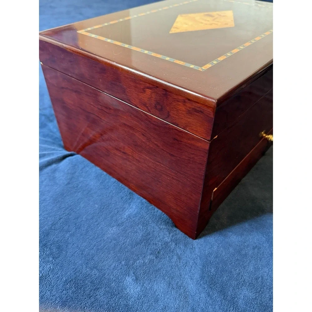 Vtg Mahogany Jewelry Box Diamond Inlay Design Mid Century Modern Wood Storage