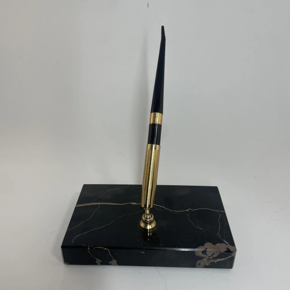 Vintage Marble Pen Holder‎ with Black Pen Gold Accents Desk Accessory