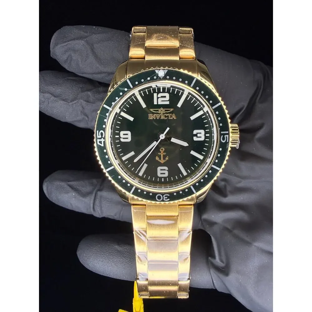 Invicta Pro Diver Watch Men 38mm Gold Green Bezel Dial Anchor Stainless Steel