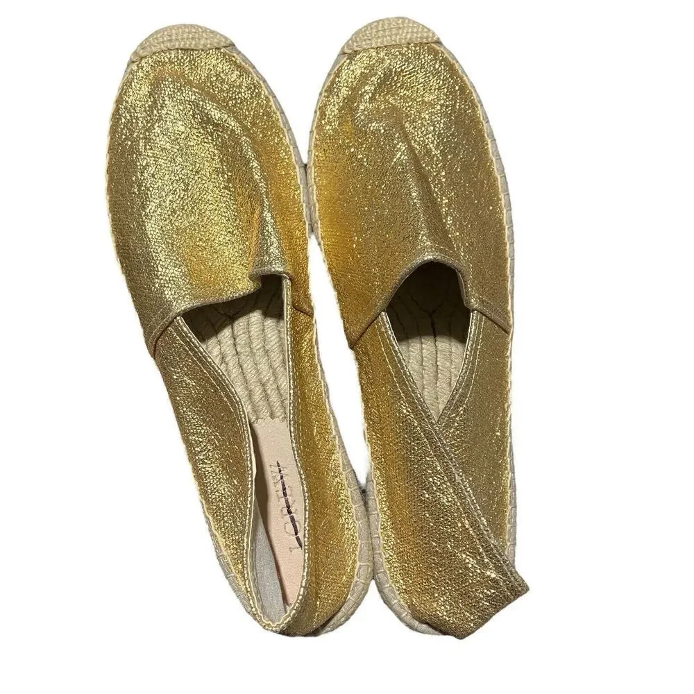 J Crew‎ Shoes 11 Gold Flats Made-in-Spain Espadrille Metallic Canvas Jute BT389