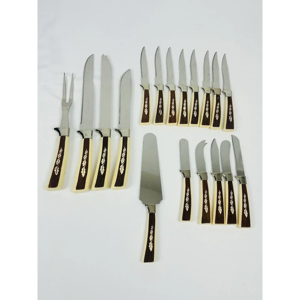 Regent Sheffield Silverware Set Vintage MCM Leaf Pattern 18pc Knives Serving Set