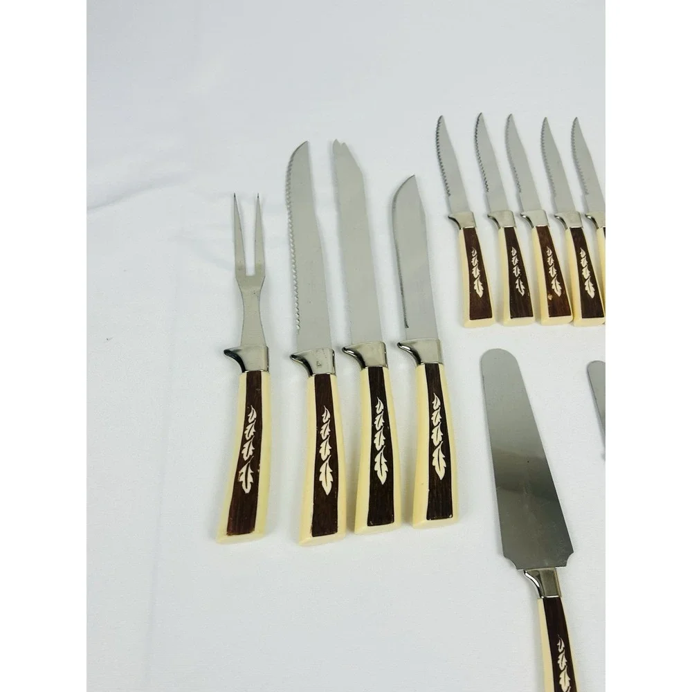 Regent Sheffield Silverware Set Vintage MCM Leaf Pattern 18pc Knives Serving Set