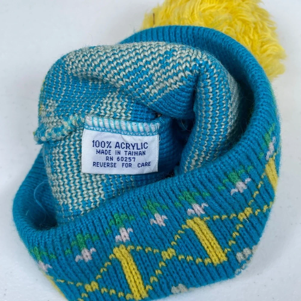 Vintage Kids Blue Knit Beanie with Yellow Pom and Sheep Jumping‎ Fences Pattern