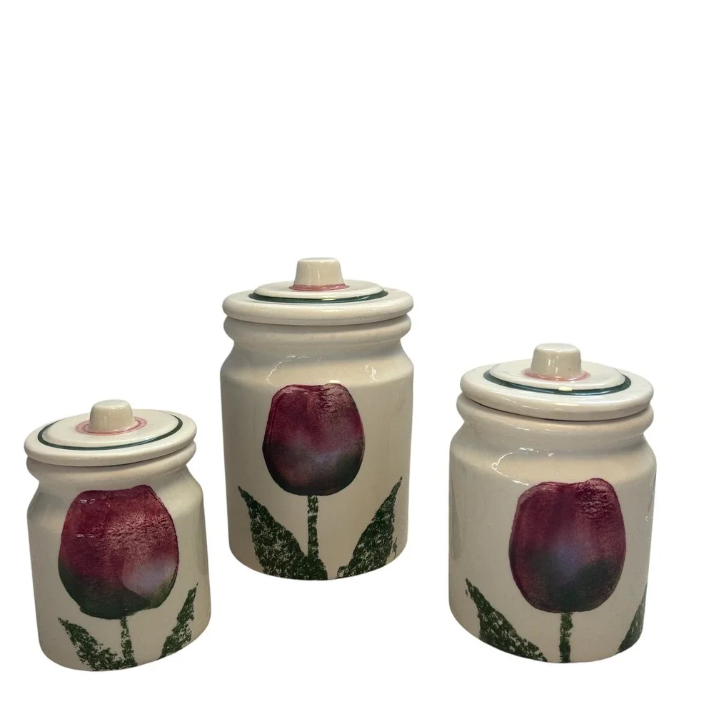 Hartstone USA VINTAGE Pottery Tulip Canister Set‎ 3 Piece Vintage Stoneware EUC