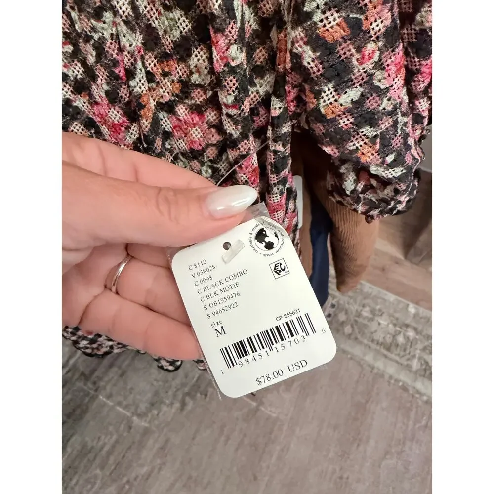 NWT Free People Astra Peasant Top in Black/Multi - M