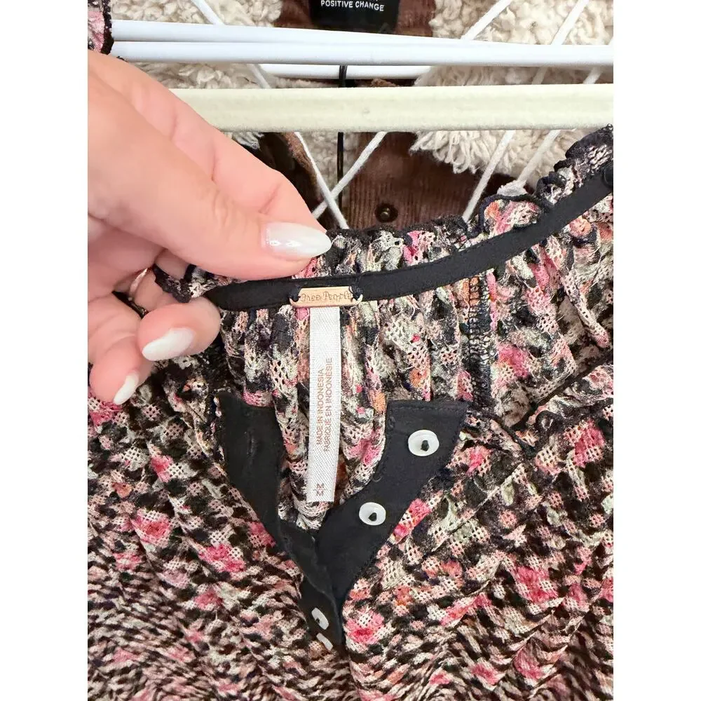 NWT Free People Astra Peasant Top in Black/Multi - M