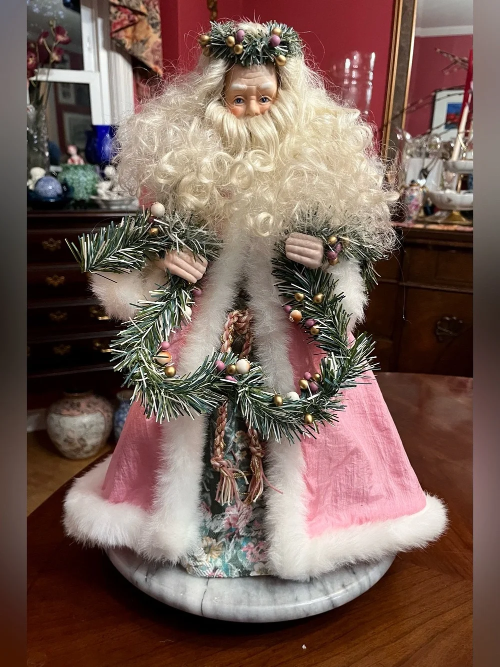 VTG 1991 Brinn's Christmas Romance Pink Porcelain Santa Tree Topper 16