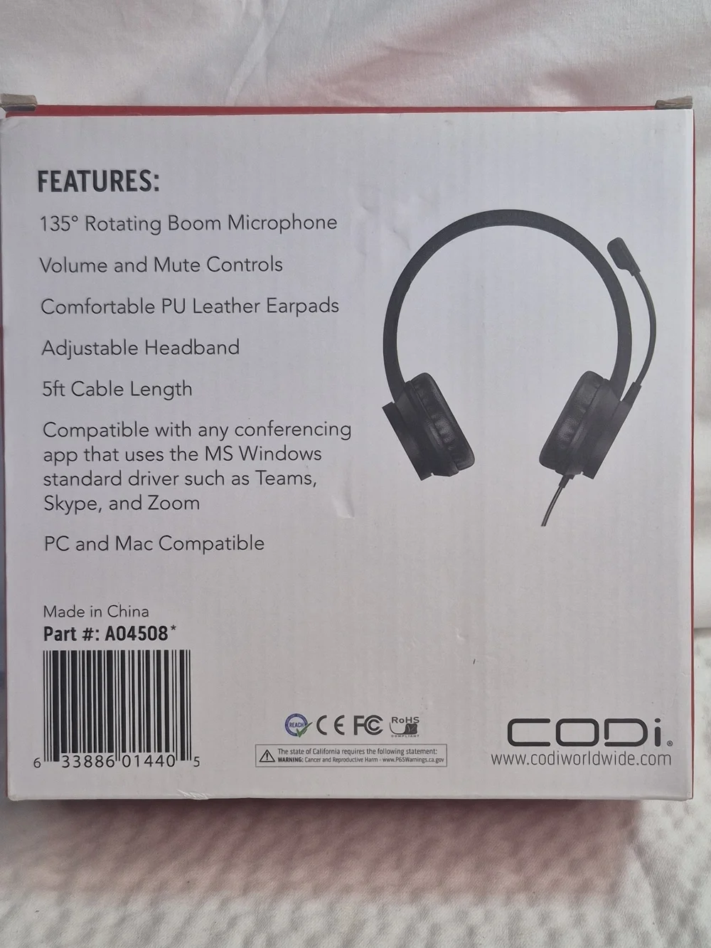 CODi Noise Cancelling USB-A Headset Boom Mic Vol/Mute Black 5ft A04508