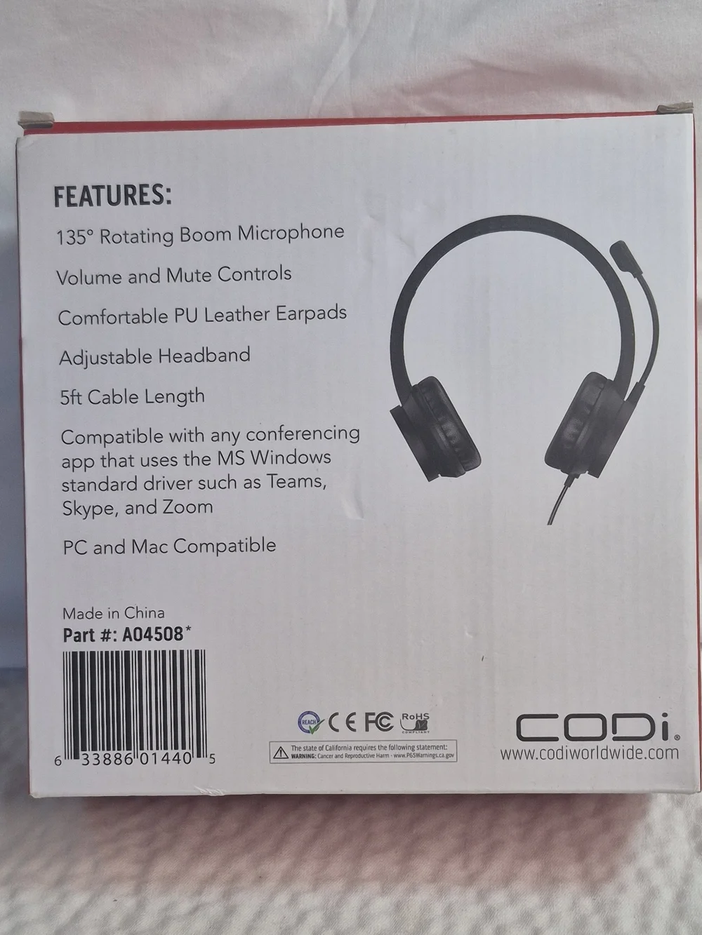 CODi Noise Cancelling USB-A Headset Boom Mic Vol/Mute Black 5ft A04508