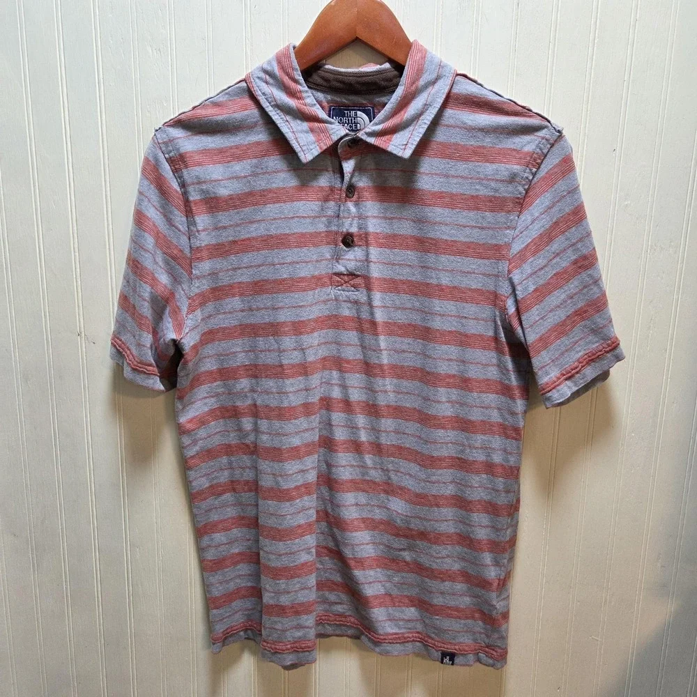 The North Face Polo Shirt Mens S‎ Gray Red Stripe 100% Cotton Knit Casual Top