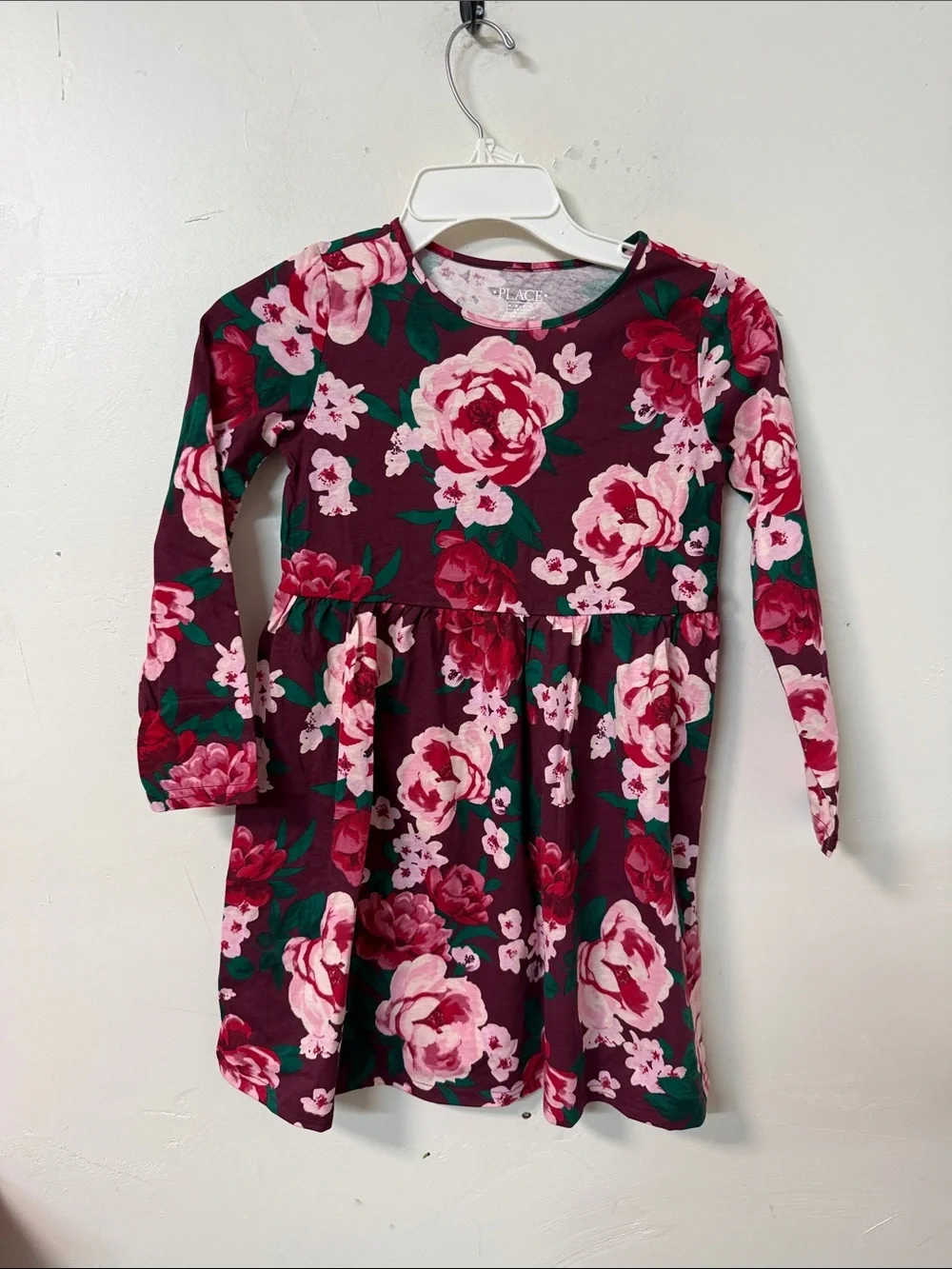 The Children's Place Burgundy Floral Long-Sleeve Dress with Pink Roses