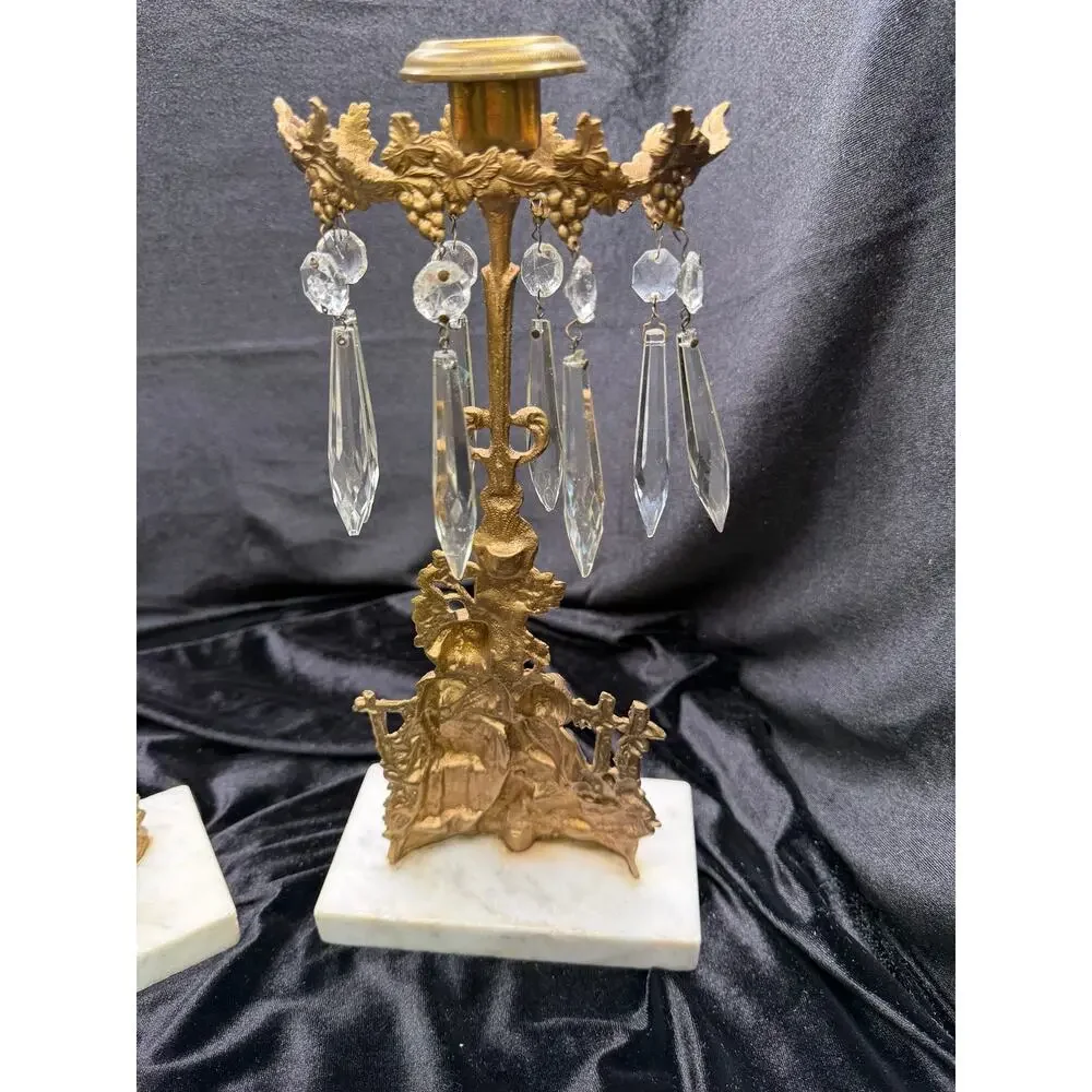 Antique Victorian Figural Girandole Candlesticks Pair Marble Crystal Prisms