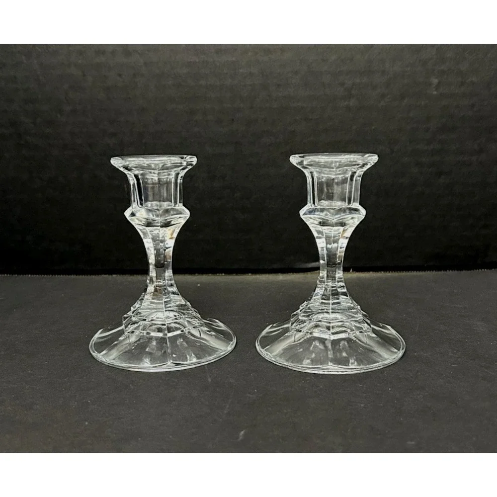 Vtg Pair of Candlesticks Clear Glass Faceted Taper Candle Holder‎ Tablescape 4