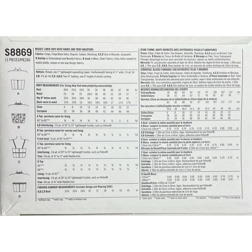 Simplicity S8869 Sewing Pattern Misses Lined Crop Halter Tops Size 14-22 R5 UNCU