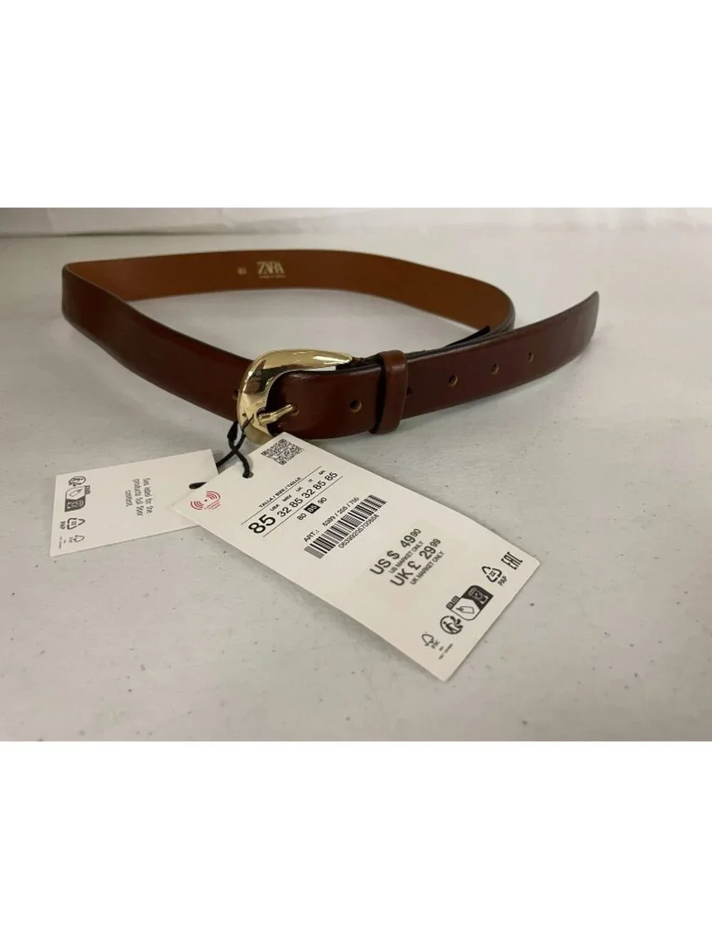 New Zara Brown Leather Belt EU 85 US 32 Gold Tone Buckle NWT